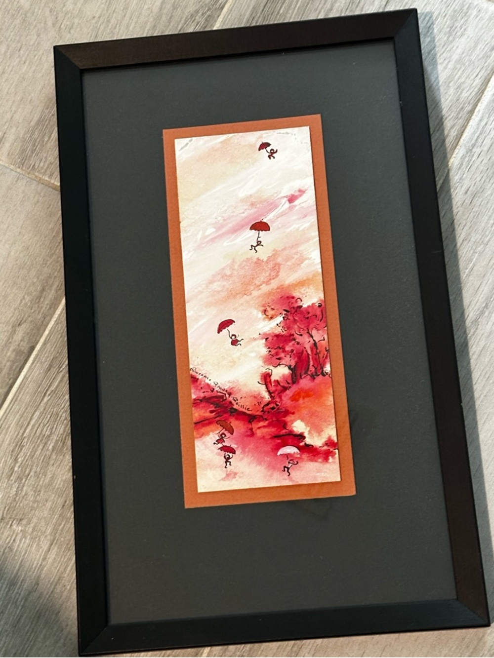 Whimsical Abstract Red Umbrella Watercolor Art Print in Black Frame